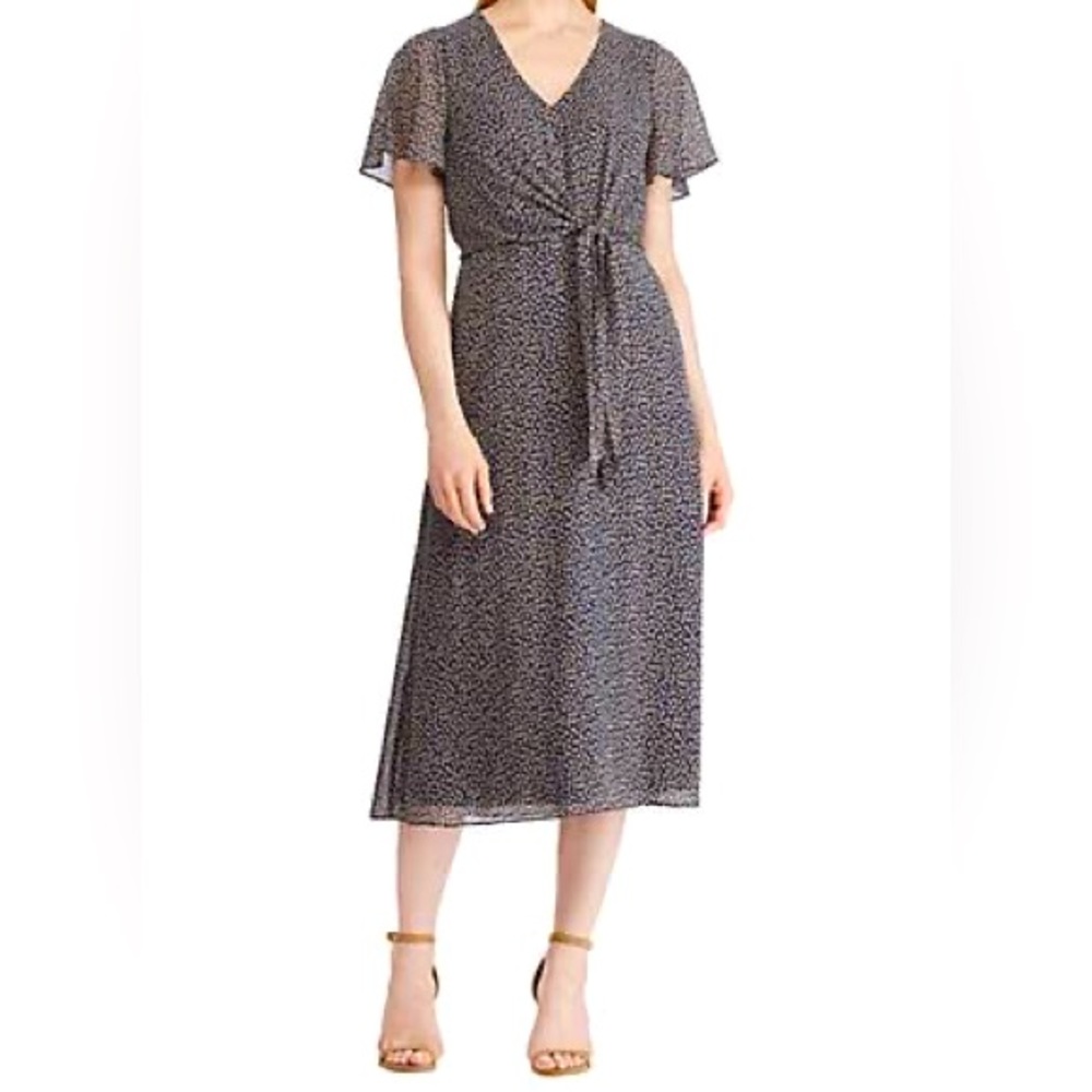 Lauren Ralph Lauren Georgette Midi Dress, Size 12, Navy/Champagne Floral, NEW